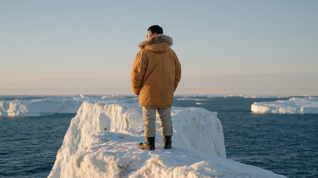 A young Inuit hunter stands on an unstable, rotting ice edge far from shore, traditional hunting ground loss, Arctic sea ice thinning, indigenous subsistence crisis, cultural
