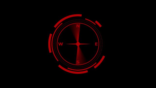 Digital compass animation rotates with futuristic HUD telemetry. Directional navigation guidance telemetry routes the digital compass. Geographic exploration waypoint tracking guides compass.
