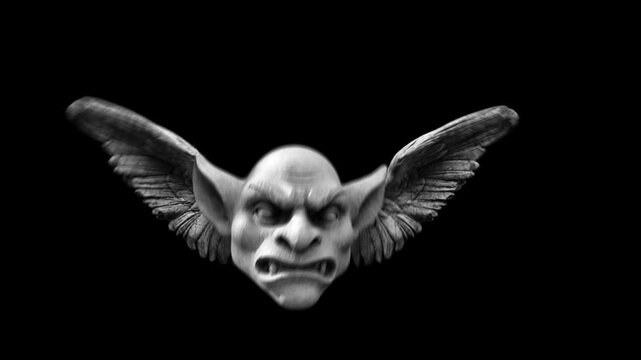 A strange, eerie flying gargoyle head with bird-like wings, animated in a handmade stop-motion puppet style. 