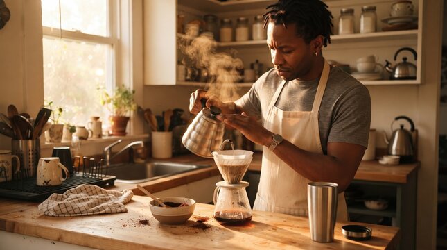 A black man wearing an apron carefully pours hot water over a coffee dripper preparing pour over coffee in a cozy home kitchen.