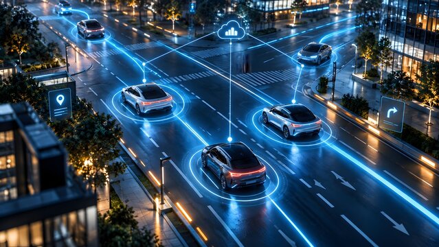 Aerial view of vehicles connected by digital data lines to a central cloud icon depicting intelligent traffic management and smart fleet infrastructure