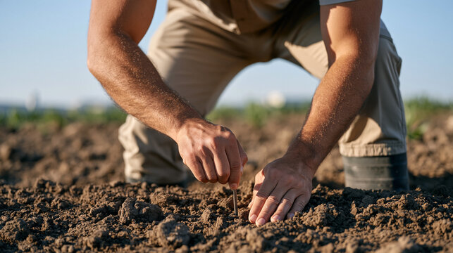 Scientist measuring soil temperature with probe in sweltering field during record summer heatwave, climate monitoring fieldwork agricultural research heat stress land degradation