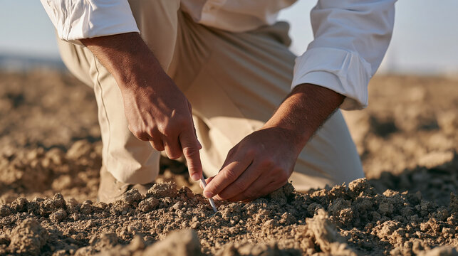Scientist measuring soil temperature with probe in sweltering field during record summer heatwave, climate monitoring fieldwork agricultural research heat stress land degradation