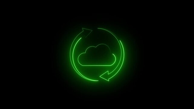 Cloud icon animation rotates with circular data sync arrows on dark. Remote server database storage updates on this active cloud icon. Digital file backup synchronization routes through the icon.