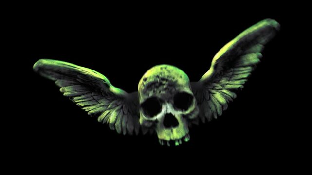 A strange, eerie flying skull with bird-like wings, animated in a handmade stop-motion puppet style. This seamless loop is ideal as an overlay, floating element, or composited layer for horror, gothic