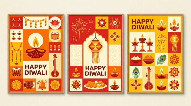 Set of Three Modern Happy Diwali Posters with Traditional Indian Festival Icons and Vibrant Geometric Design