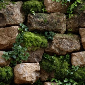 A stone wall displaying various textures and colors with patches of lush green moss and small vibrant plants growing within the crevices SEAMLESS PATTERN