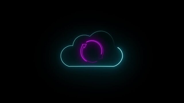 Cloud icon animation displays circular synchronization arrows on dark. Digital database storage transfer updates through the cloud icon. Remote server file archiving routes around the cloud icon.