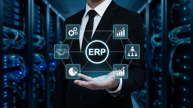Businessman holding futuristic ERP software interface in modern data center
