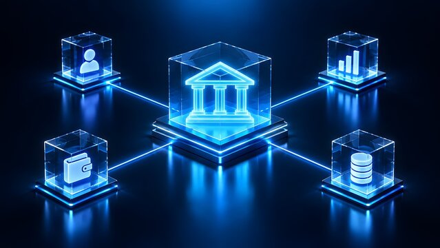 Glowing digital network of glass cubes connecting a central bank icon to financial symbols representing open banking and decentralized fintech infrastructure
