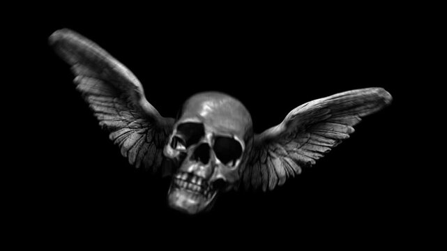 A strange, eerie flying skull with bird-like wings, animated in a handmade stop-motion puppet style. This seamless loop is ideal as an overlay, floating element, or composited layer for horror, gothic
