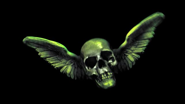 A strange, eerie flying skull with bird-like wings, animated in a handmade stop-motion puppet style. This seamless loop is ideal as an overlay, floating element, or composited layer for horror, gothic