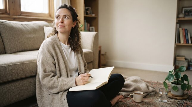 A woman sits on the floor at home smiling thoughtfully while holding a pen and writing in a blank notebook.