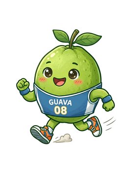 An adorable and energetic guava mascot character running in a race, wearing a blue sports vest with 'GUAVA 08' and sneakers, perfect for vibrant kids' designs and health-themed illustrations.