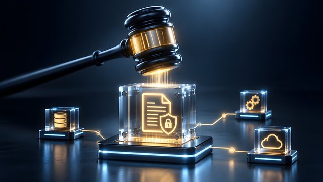 Metallic judge gavel striking a glowing glass cube with a locked document icon representing cyber law and digital data protection legislation