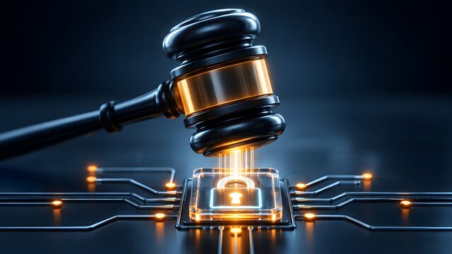 Judge gavel striking a glowing padlock icon on a digital circuit board depicting cyber security law and strict data privacy enforcement