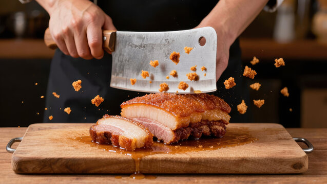 Crispy pork belly cleaver cutting board kitchen scene