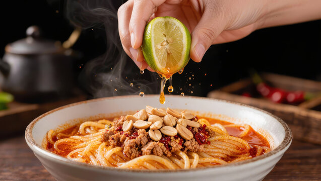 Spicy noodle soup with lime juice, peanut and minced meat topping