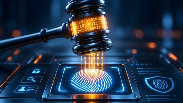 Metallic judge gavel with glowing binary code striking a digital interface displaying a large fingerprint representing cyber law and biometric data privacy regulation