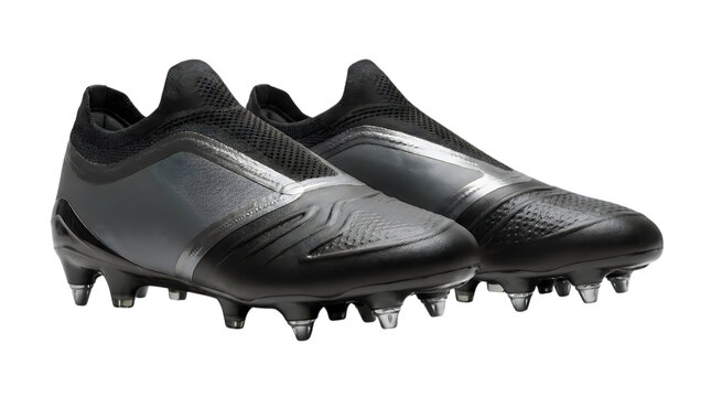 Pair of professional black and grey soccer cleats isolated on transparent background