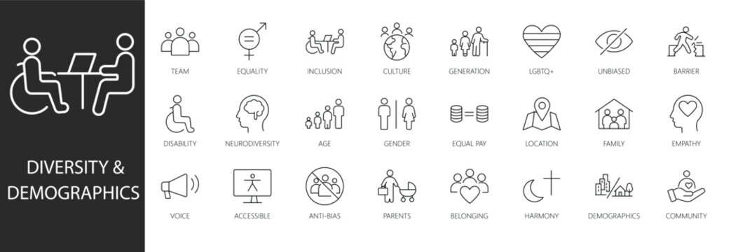 Diversity and demographics line icon set. Equity, inclusion, diverse team, gender equality, disability, culture, and community symbols. Editable stroke.
