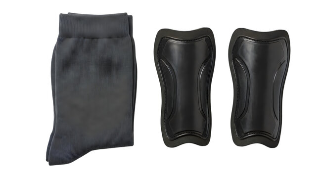 Black soccer socks and protective shin guards for football isolated on transparent background