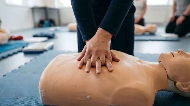 CPR training: Hands performing chest compressions on a medical dummy for first aid