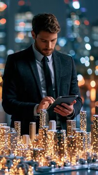 Vertical video - Entrepreneur Presents Sustainable City Model with Holiday Lights