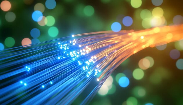 Fiber optic cables emitting blue and orange light form streams of light, symbolizing high-speed internet data transmission and digital telecommunication networks against a vibrant green background.