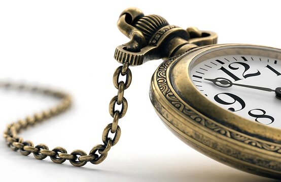 Vintage brass pocket watch with chain isolated on white background
