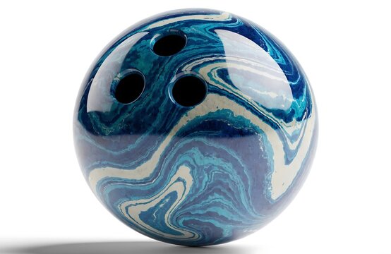 Swirled blue and white bowling ball isolated on white background with ten pin