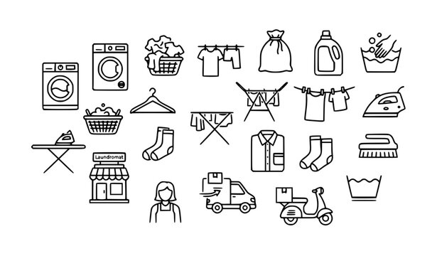 Laundry service washing drying clothing care editable stroke icons vector
