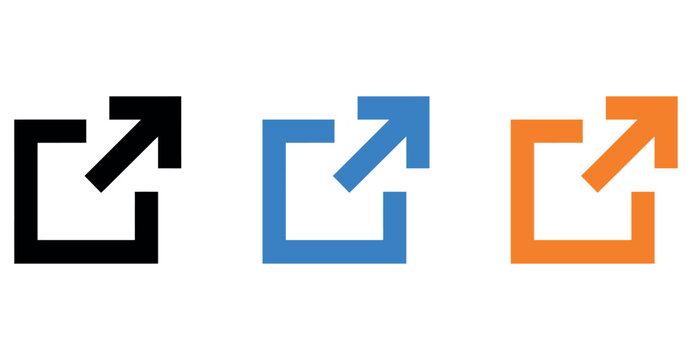 Set of external link open in new tab arrow icons in black blue and orange color variants.