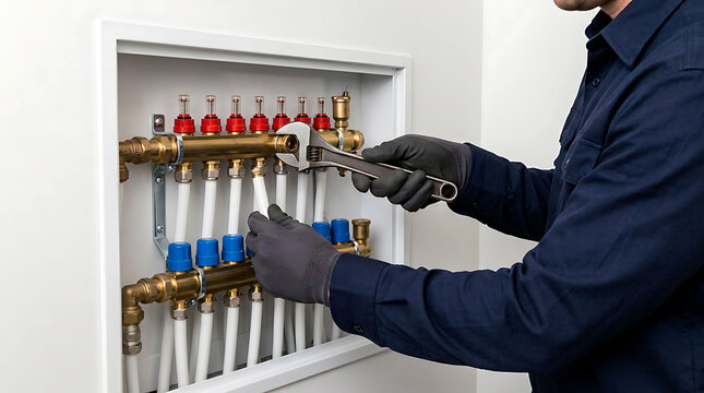 Professional Plumber Installing Underfloor Heating Manifold and PEX Pipes