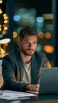 Vertical video - Entrepreneur Working Late in Office with Christmas Lights