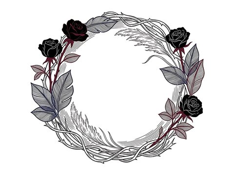 Black and white floral wreath illustration with roses and leaves