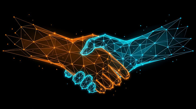 Abstract wireframe handshake symbolizing business partnership and tech agreement