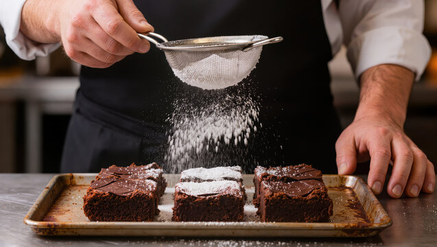 Baker sifts powdered sugar over chocolate brownie on baking tray
