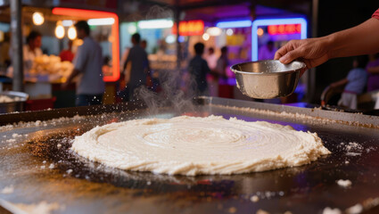 Fototapeta premium Street food vendor spreading batter on hot griddle in vibrant night market setting