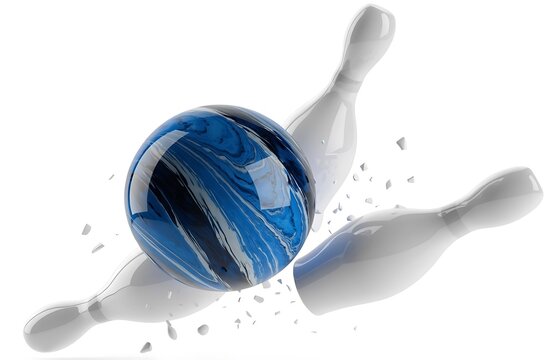 Blue marbled bowling ball striking white bowling pins with flying fragments