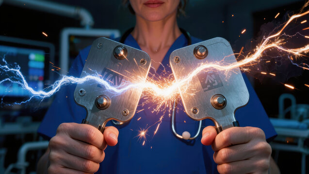 Electric shock medical device healthcare worker holds metal electrodes producing electric arc
