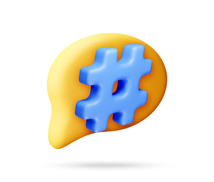 Blue 3D hashtag symbol inside a yellow speech bubble. This icon represents trending topics or social media interaction. It is suitable for digital communication concepts.