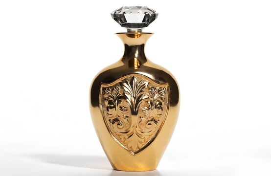 Luxury perfume glass bottle with ornate golden metallic surface and diamond