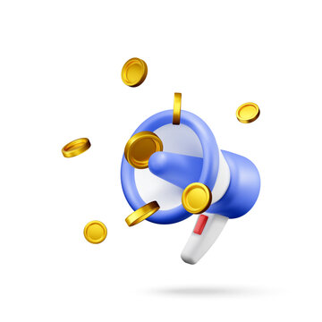 3d megaphone with golden coins flying around it. Blue loudspeaker icon on white background for marketing promotion. Money making advertisement and paid campaign concept.
