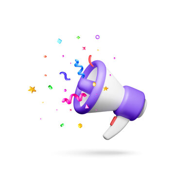 Purple and white megaphone with colorful confetti flying out of it. 3d vector icon of announcement and celebration. Marketing promotion and party concept for banner design.