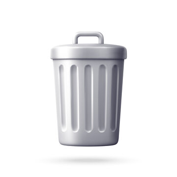 A shiny white trash can floats on a bright white background. It features a realistic 3D render with a subtle drop shadow.