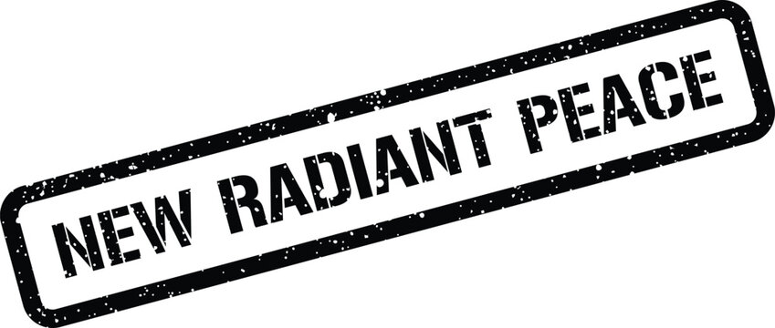 Rectangular grunge ink stamp design featuring text new radiant peace inside a textured bordered frame box
