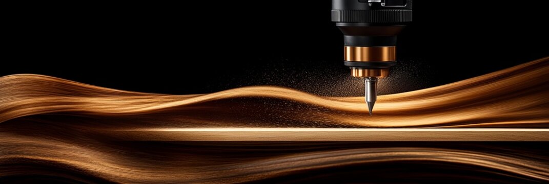 Industrial CNC Routing Machining Wood to Create Unique Abstract Grain Patterns on Dark Walnut Plank