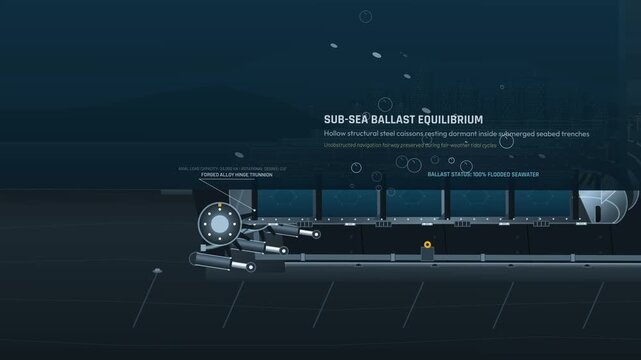 Animation of storm surge gates mechanics, featuring sub-sea ballast equilibrium, pneumatic displacement, angular buoyant rotation, and hydrodynamic surge dissipation for maritime defense