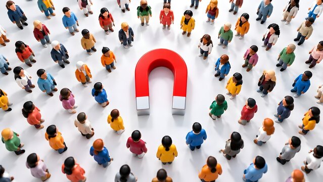Top down view of diverse crowd of people gathered around large red magnet on white background symbolizing brand attraction community building and inbound marketing strategy